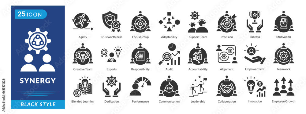Synergy icon set in black style, featuring Agility, Trust, Teamwork ...