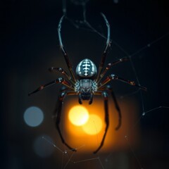 Intricate spider web detail with glowing bokeh lights creates stunning macro nature photography