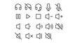 © mienakae - Set of audio and media player control icons in a doodle hand drawing style. Includes headphones, headset, microphone, mute, play, pause, stop, and volume speaker symbols. Transparent background.