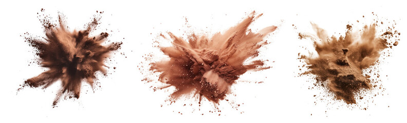PNG Three bursts of brown powder in dynamic explosion element set on transparent background.