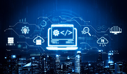 Modern web development concept featuring coding symbols, web development process, web development interface, and web development tools with futuristic design. Spline