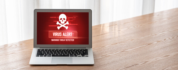 Virus warning alert on computer screen detected modish cyber threat , hacker, computer virus and malware