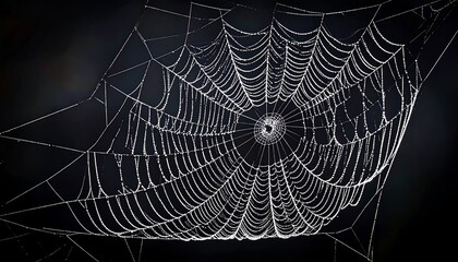 Close-up of an intricate spiderweb glistening against a dark background, emphasizing detail