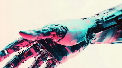 Robotic hand reaching out in pink and blue neon light