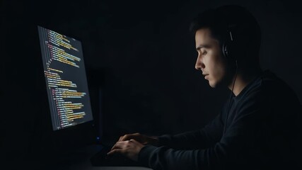 Code in the Darkness: A focused individual, immersed in the world of programming, types intently at a glowing monitor in a dimly lit environment, showcasing the dedication to the art of coding.