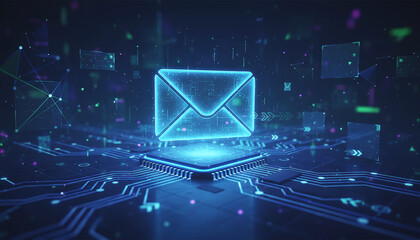 high-tech glowing envelope email interface in dark background, digital security access panel, sci-fi design