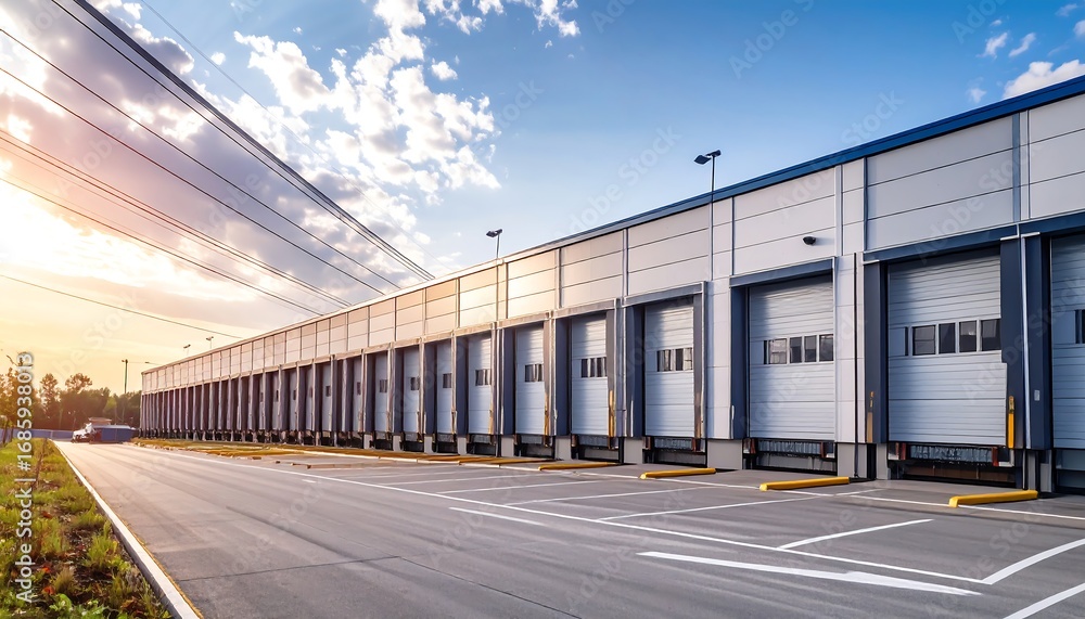 Exterior view of a large industrial building with loading docks, under ...