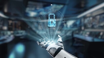Wall Mural - a detailed view of a robotic hand engaged with a digital security interface, highlighting a lock sym