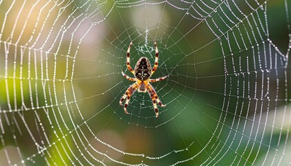 A macro shot focuses on a spider in its web, glistening with droplets against a green backdrop