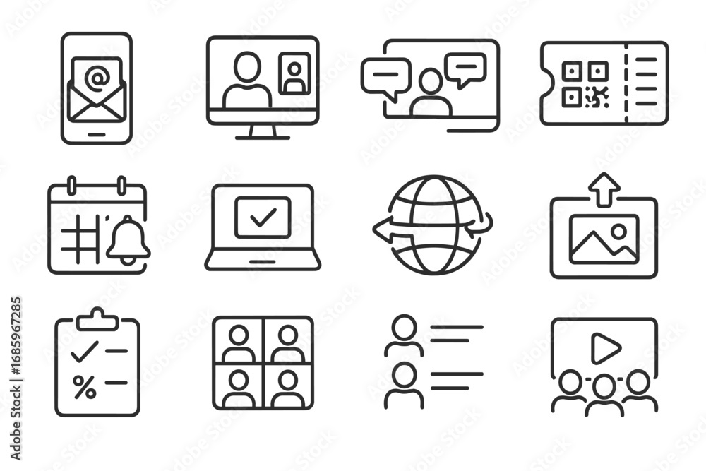 Event Platform Icon Modern Event Icons. Line style icons of modern events: digital invite ...