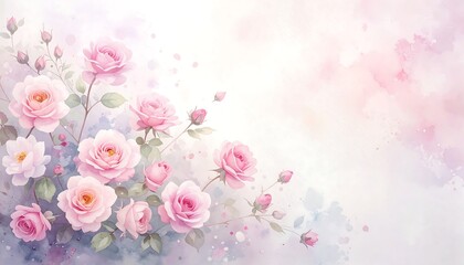  A gentle watercolor-style illustration of pink roses with buds and delicate greenery on a soft background