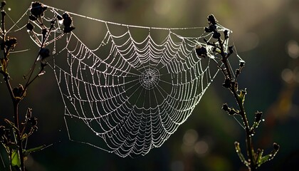 Delicate spider web glistens with dew drops in soft morning light, framed by dried plants