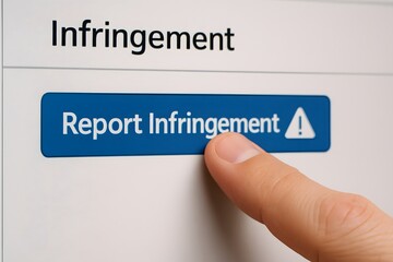 A finger pressing the Report Infringement button on a digital screen. 