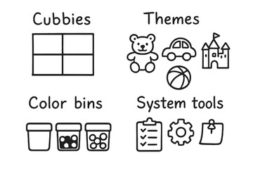 Toy Shelf Doodle. Toy shelf layout doodle set: hand drawn icons for cubbies, themes, color bins, and system tools, isolated