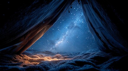 Wall Mural - Cave opening view to starry night sky, cosmic landscape