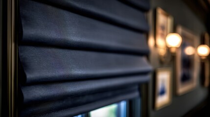 Wall Mural - Closeup medium shot focusing on dark navy Roman shades highlighting classic folds and fabric weave with blurred room elements behind.