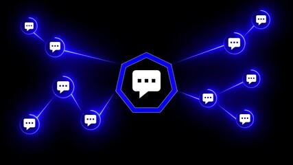 Abstract network of glowing blue chat bubbles and lines connecting to a central hexagon on a black background