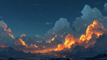 Wall Mural - Dramatic night sky with glowing clouds and starlight