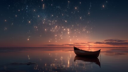 Wall Mural - Boat on calm water under a starry night sky