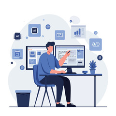 A man sits at a desk working on two computer monitors There are AI graphics surrounding him