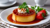 Delicious creme caramel with strawberries, whipped cream and crumble topping