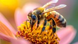 A vibrant close-up captures a honey-bee diligently gathering nectar from a sun-kissed flower, highlighting the intricate details of its busy work and nature's essential pollination process
