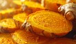 © Aesky - Close-up macro of vibrant, golden-yellow turmeric root slices, showcasing intricate fibrous texture and fine powder-like particles – a natural, healthy spice