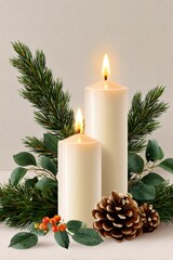 Wall Mural - two burning candles with pine branches and pine cones creating christmas atmosphere
