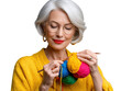 © PS Poppy - Serene Craftswoman with Colorful Yarn: A graceful craftswoman engrossed in the meticulous art of knitting, her expression one of focused tranquility as she works with vibrant skeins of colored yarn.