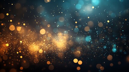 Abstract background featuring blurred bokeh lights in gold and teal on a dark backdrop