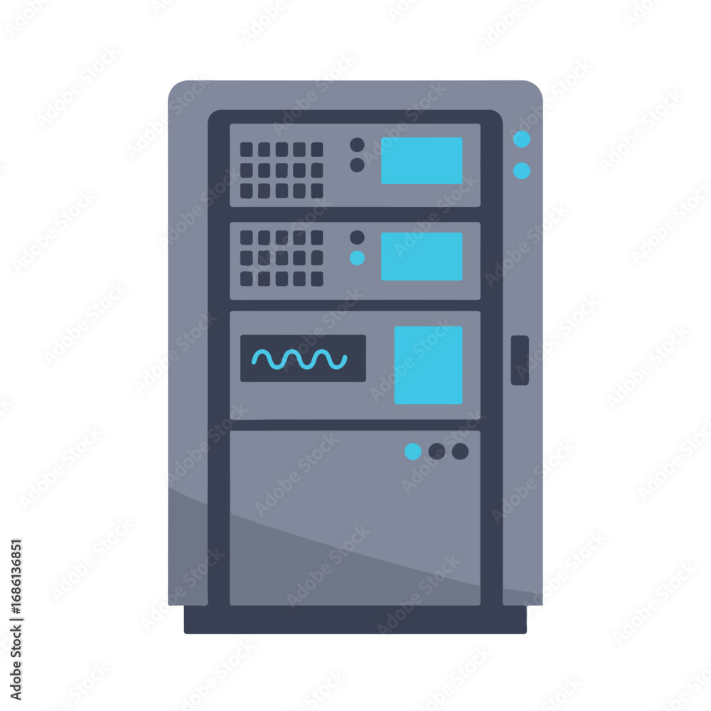 Gray server rack with multiple panels screens and indicators The ...