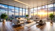 © zerogami - Modern Luxury Office Lounge with City View at Sunset with Business, and Interior.