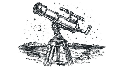 Wall Mural - Vintage telescope pointed towards crescent moon and stars over misty mountains. Vector hand drawn illustration