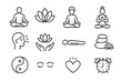 © Sonya - Meditation and yoga outline icon set. Zen and mindfulness line symbols collection. Vector wellness and spiritual practice icons for logo design. Health, relax, and balance.
