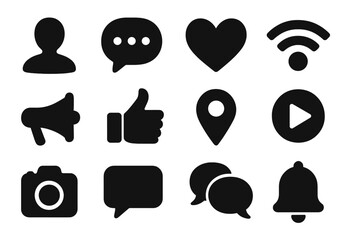Social media silhouette icon set with communication and engagement symbols, vector cartoon illustration with transparent background, ordered collection for digital use and design