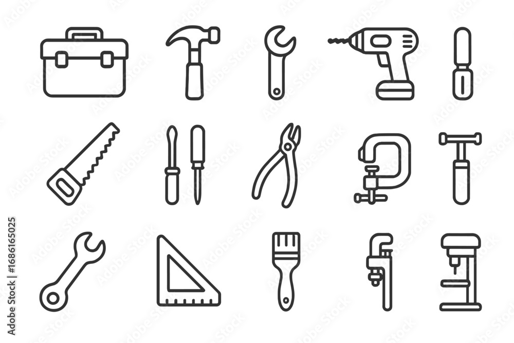 Workshop tools and toolbox line icon set. Vector collection of handy ...