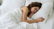 © Muhammad - Peaceful Sleep Woman Resting Comfortably in Cozy White Bedding Serene Relaxation Bedroom Scene Tranquil Dreams Sweet Dreams Restful Night