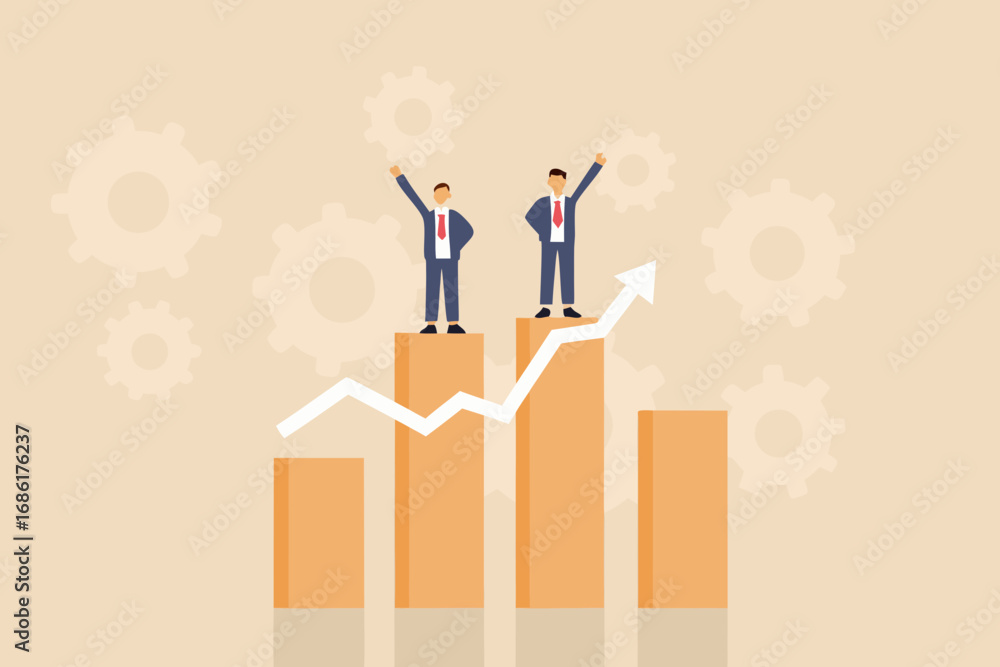 Two successful businessmen celebrating on top of rising bar graph with ...