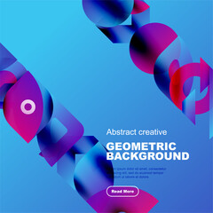Wall Mural - Bright abstract shapes overlap blue backdrop. Modern design features gradients, curves, text promoting further exploration.
