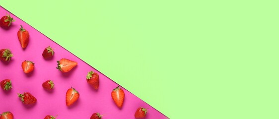 Wall Mural - fresh ripe strawberries on colorful background with space for text, top view