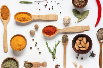 Wall Mural - composition with different fresh spices and herbs on grey background