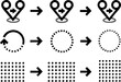 © Ameer - Vector diagram showing transformation of location pin, circular arrow, and square grid through a series of steps