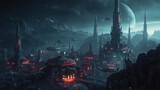 Futuristic Alien Cityscape: Explore a Sci-Fi Metropolis with Neon Lights and High-Tech Structures on a Distant Planetary Surface
