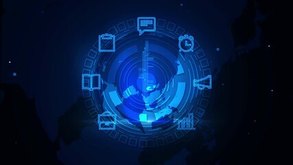 Wall Mural - Digital Interface with Blue Global Map and Technology Icons Circle