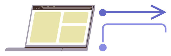 Laptop display with grid layout alongside arrows symbolizing data flow, hierarchy, or navigation. Ideal for technology, web development, workflow, process, data transfer, organization productivity