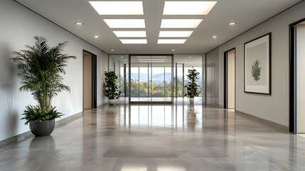 Modern Office Hallway: plants line a neutral, elegant interior with windows. For web, marketing, design.