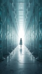 Wall Mural - child walking down futuristic corridor with glass structures