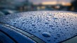 © studioMayu - Close-up of Water Drops on a Wet Blue Car Hood / 濡れた青い車のボンネットの水滴のクローズアップ