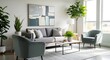 © pillow - Modern Living Room with Abstract Art, Plants, and Stylish Furniture