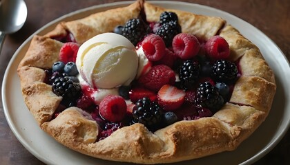 Wall Mural - mixed berry galette with scoop of vanilla ice cream on top